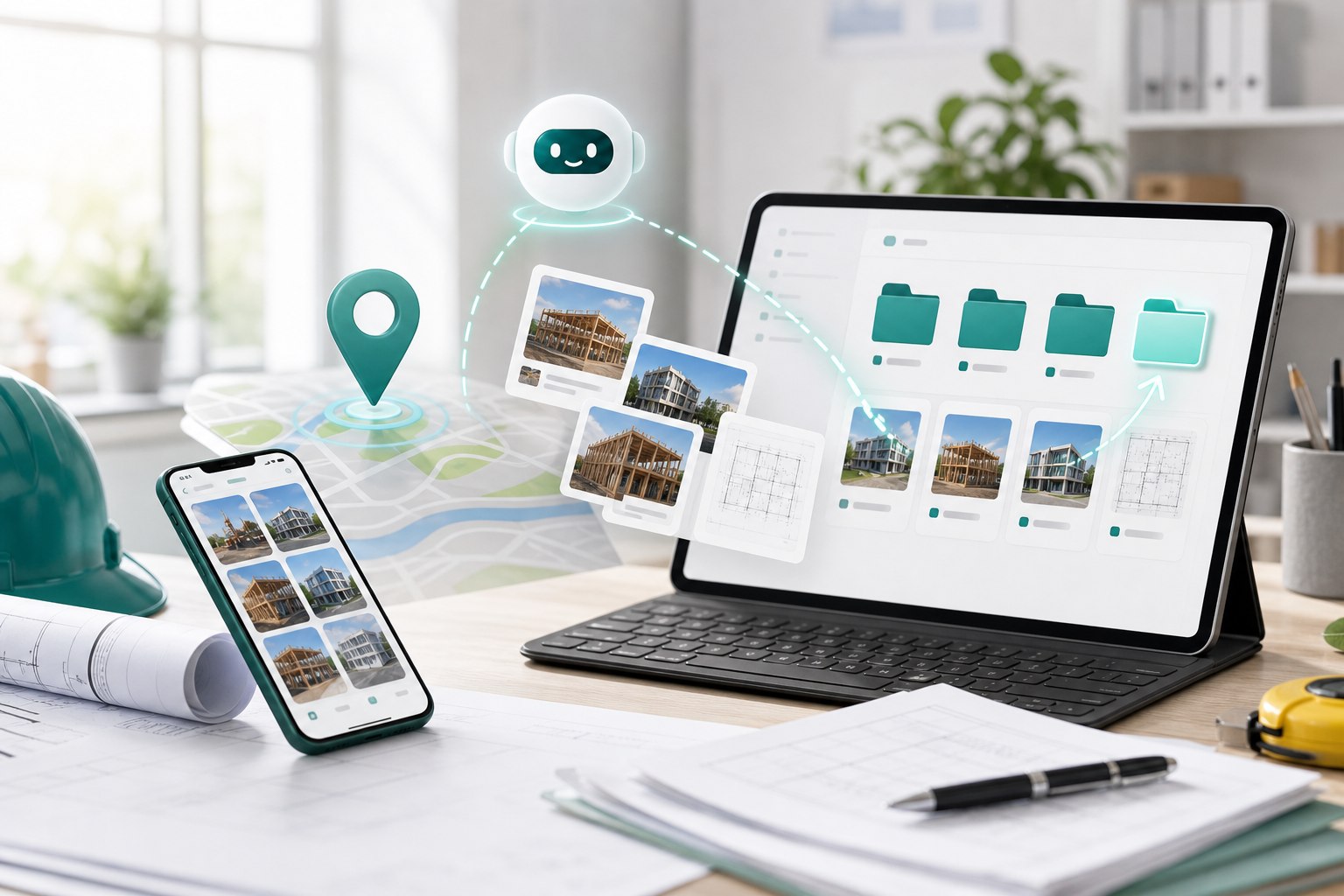 Marketing visual showing GPS pins routing field photos from a phone into the correct project folder on a tablet.